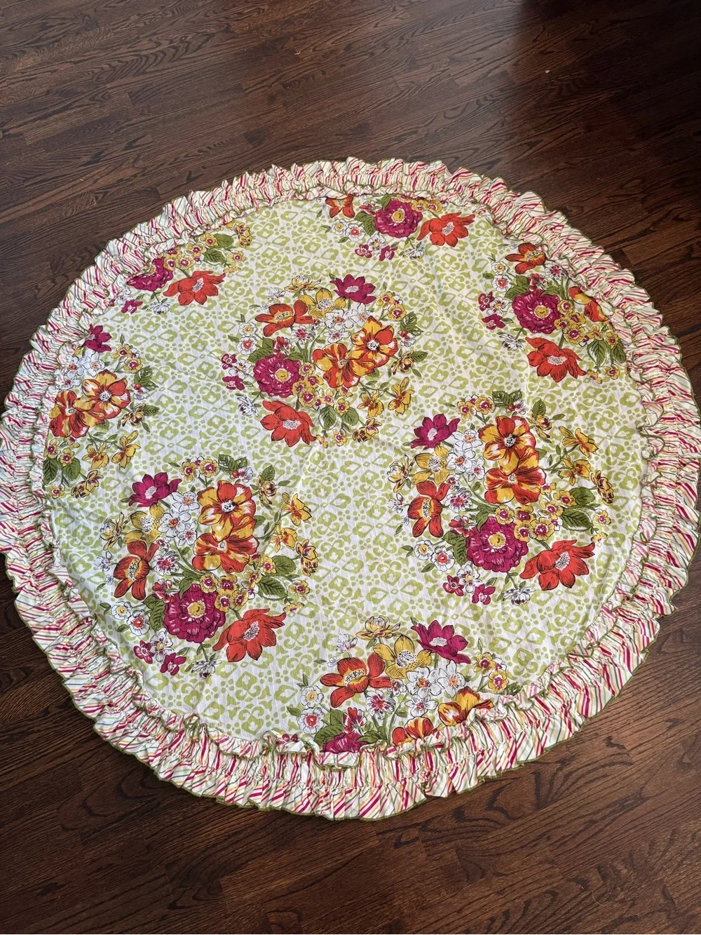 Anthropologie Round Floral Ruffled tablecloth in Green, Pink and Orange